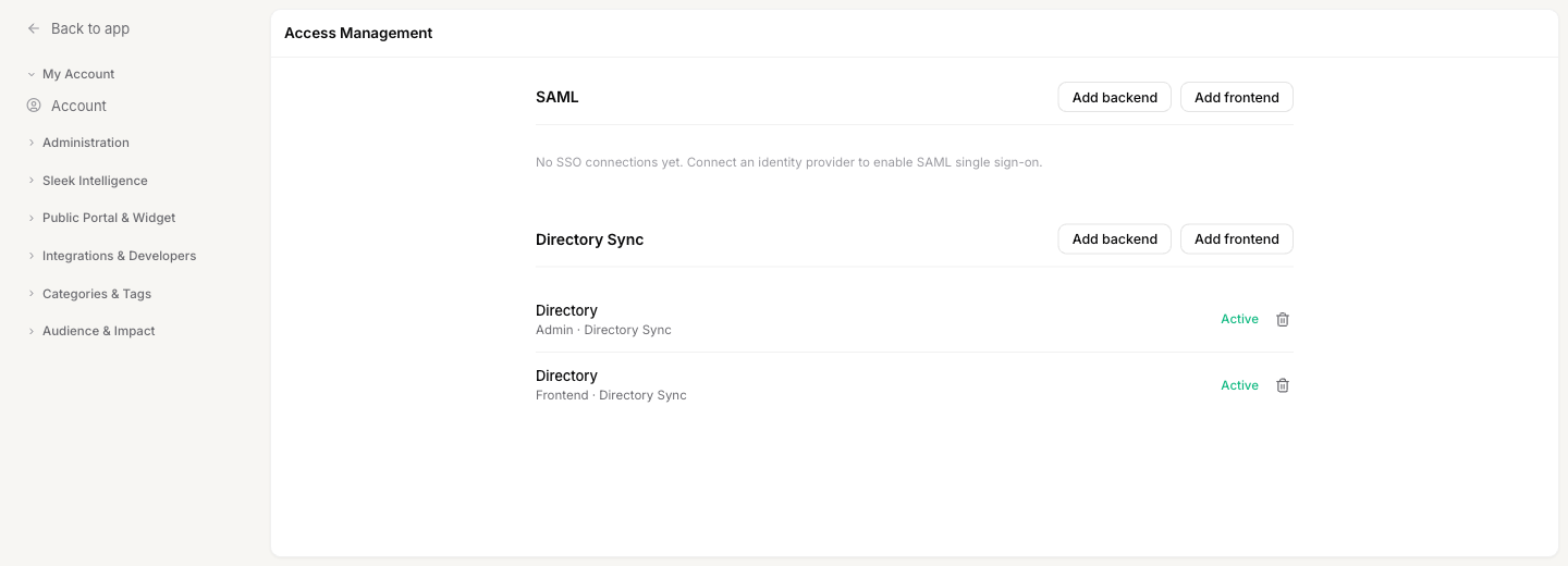The Access Management settings page showing the SAML section with no connections and the Directory Sync section with an Admin and a Frontend directory, both marked Active
