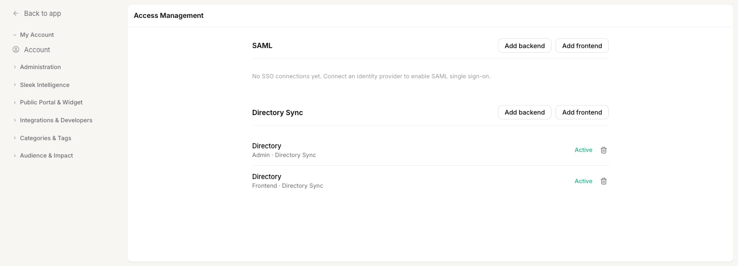The Access Management settings page showing the SAML section with no connections and the Directory Sync section with an Admin and a Frontend directory, both marked Active
