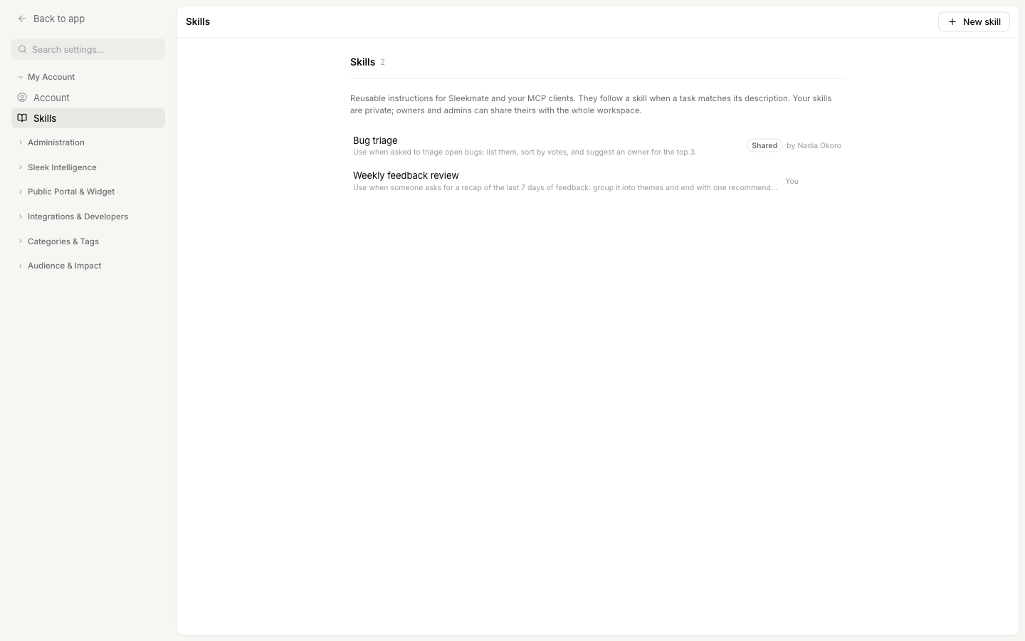 The Skills list showing a shared skill from a teammate and an own skill
