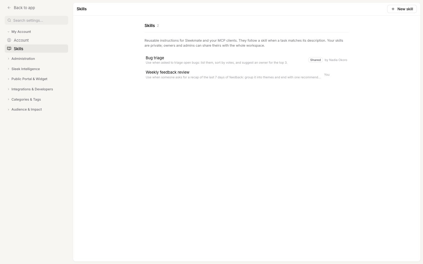 The Skills list showing a shared skill from a teammate and an own skill