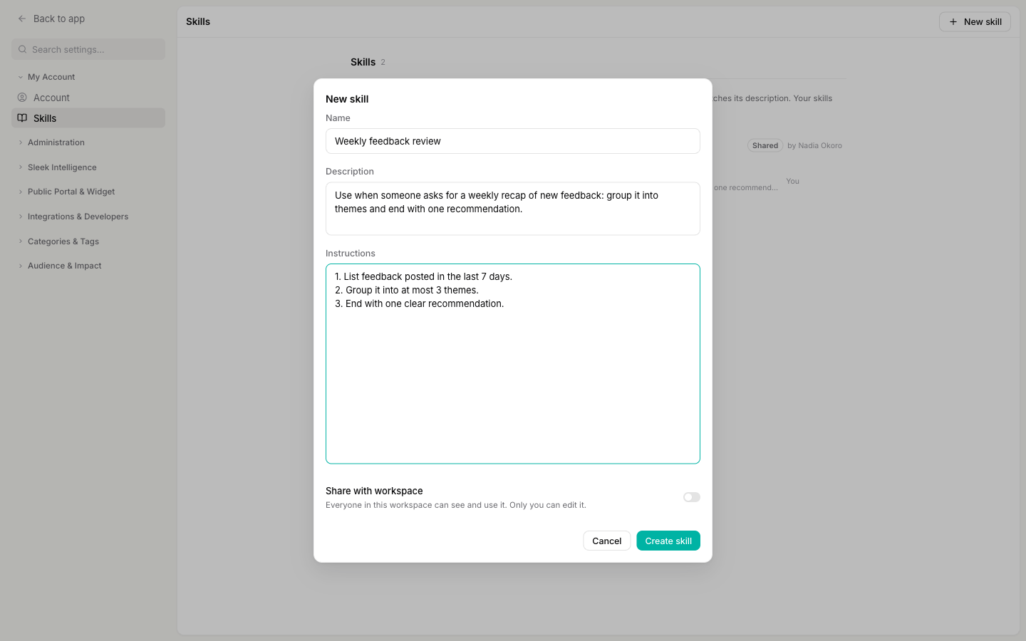 The New skill dialog with a name, description and numbered instructions filled in