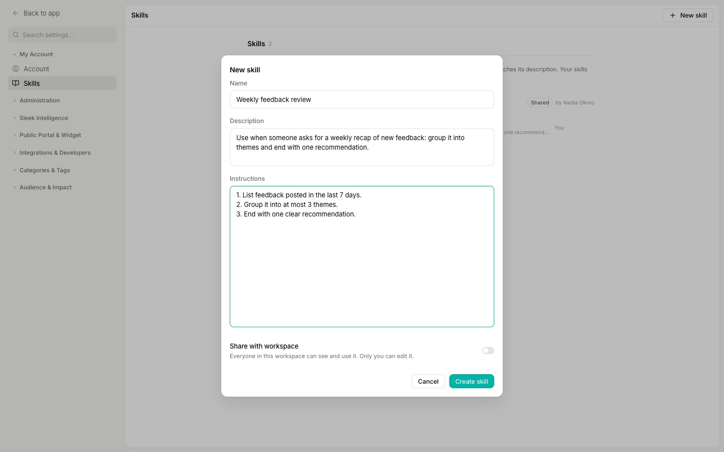 The New skill dialog with a name, description and numbered instructions filled in