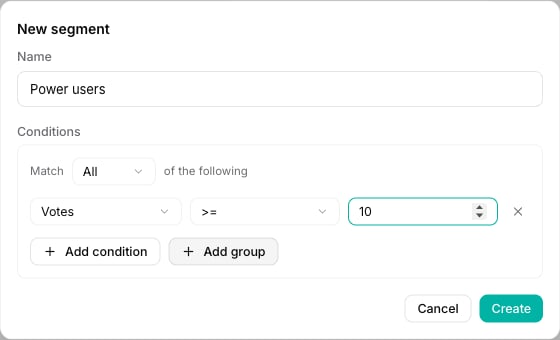 The New segment dialog with a name and a condition matching Votes greater than or equal to 10