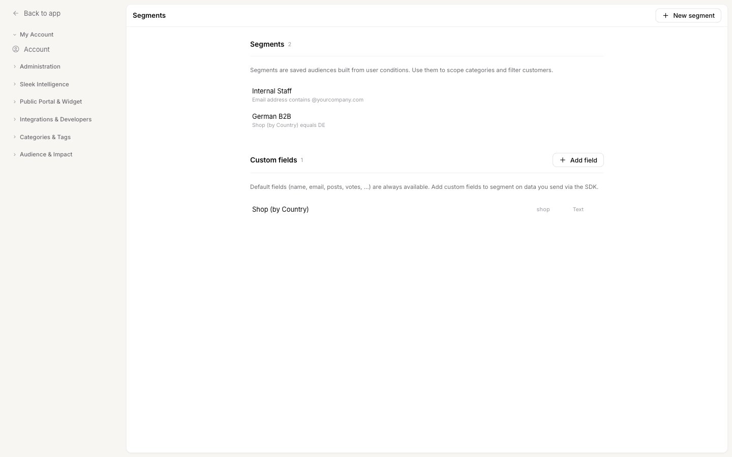 The Segments settings screen listing existing segments and custom fields