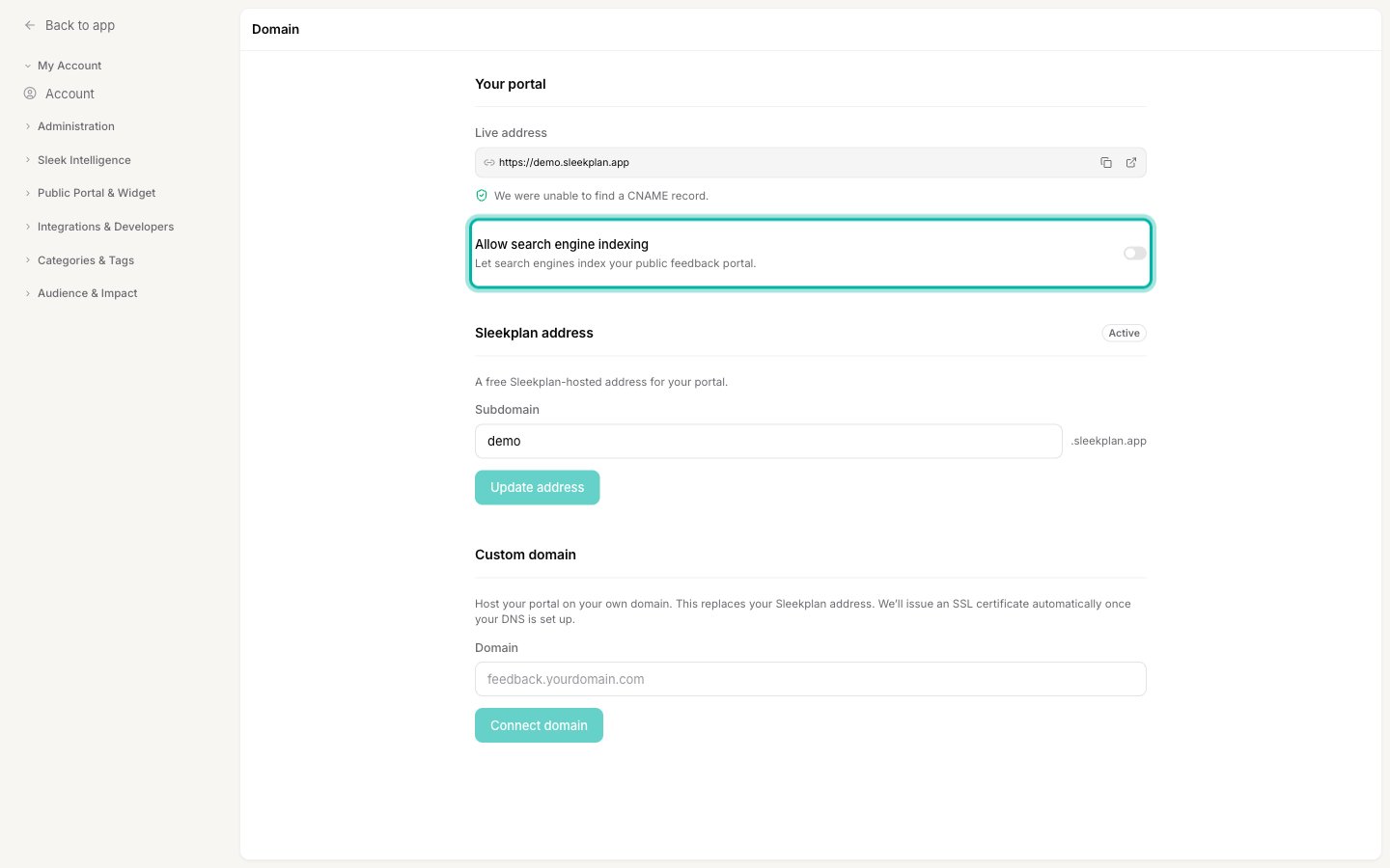 The Domain settings page with the Allow search engine indexing switch highlighted in the Your portal section