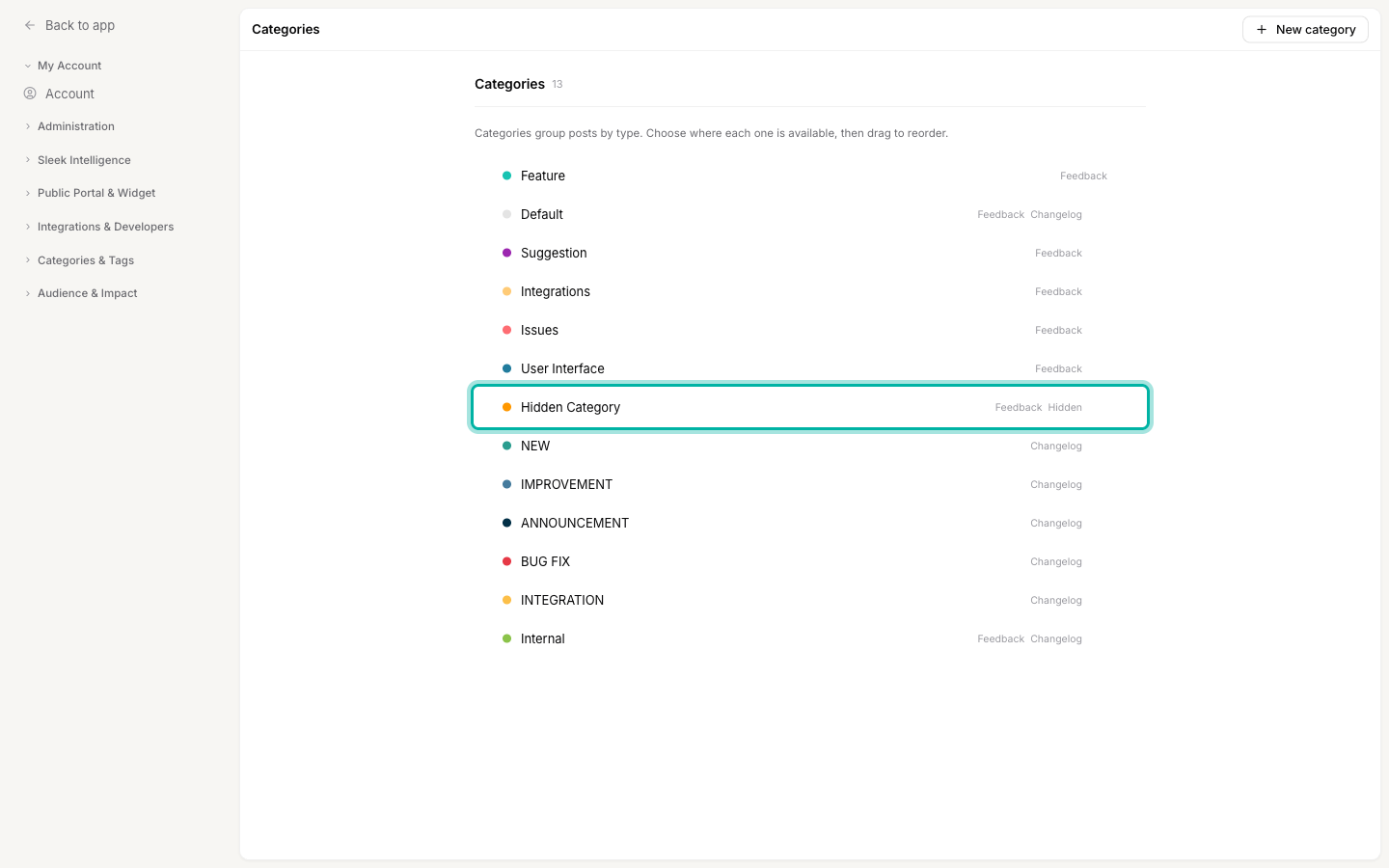 The Categories settings list with the Hidden Category row marked with a Hidden label