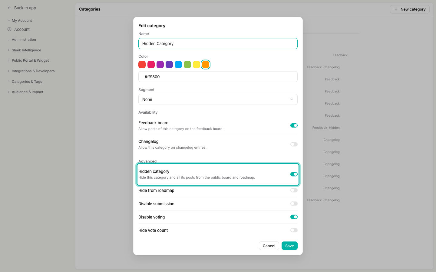 The Edit category dialog with the Advanced section open and the Hidden category toggle switched on