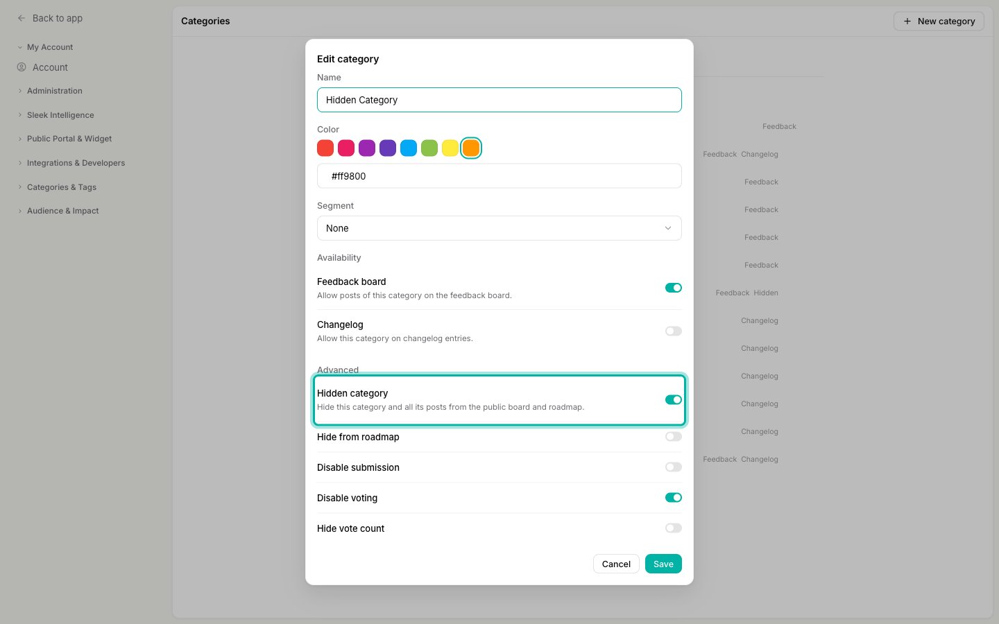 The Edit category dialog with the Advanced section open and the Hidden category toggle switched on
