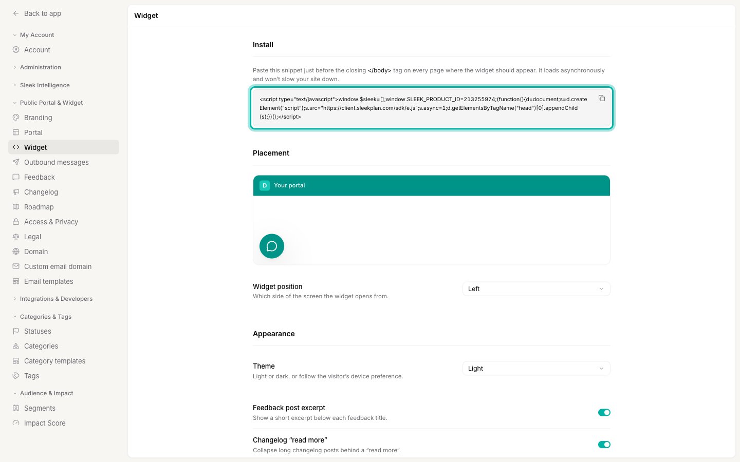 The Widget settings screen with the install snippet highlighted