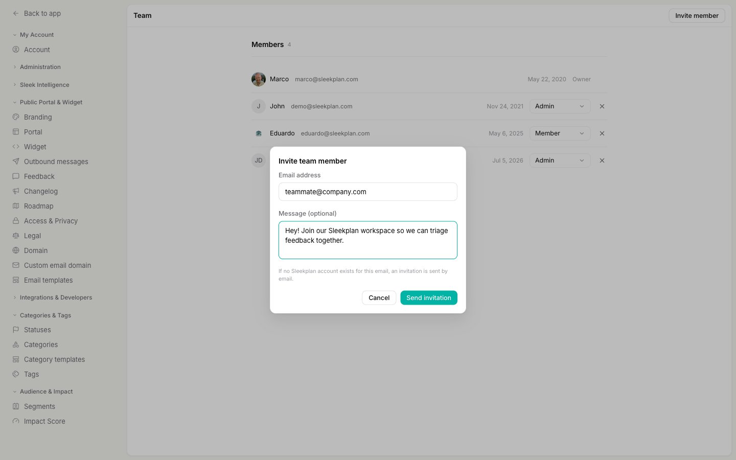 Invite team member dialog with an email address and an optional message filled in