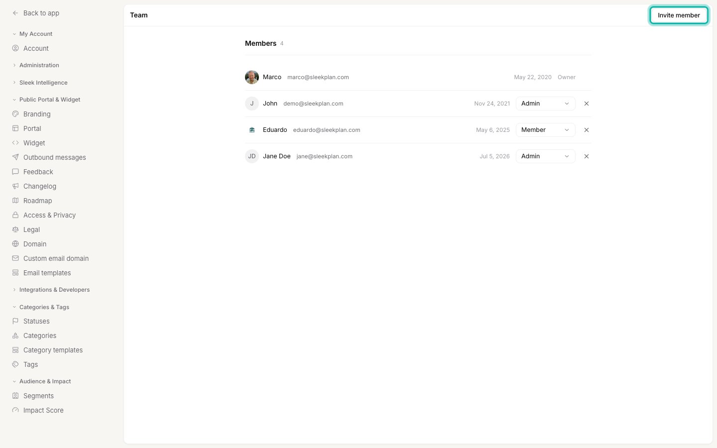 Team settings page with the Invite member button highlighted in the top right