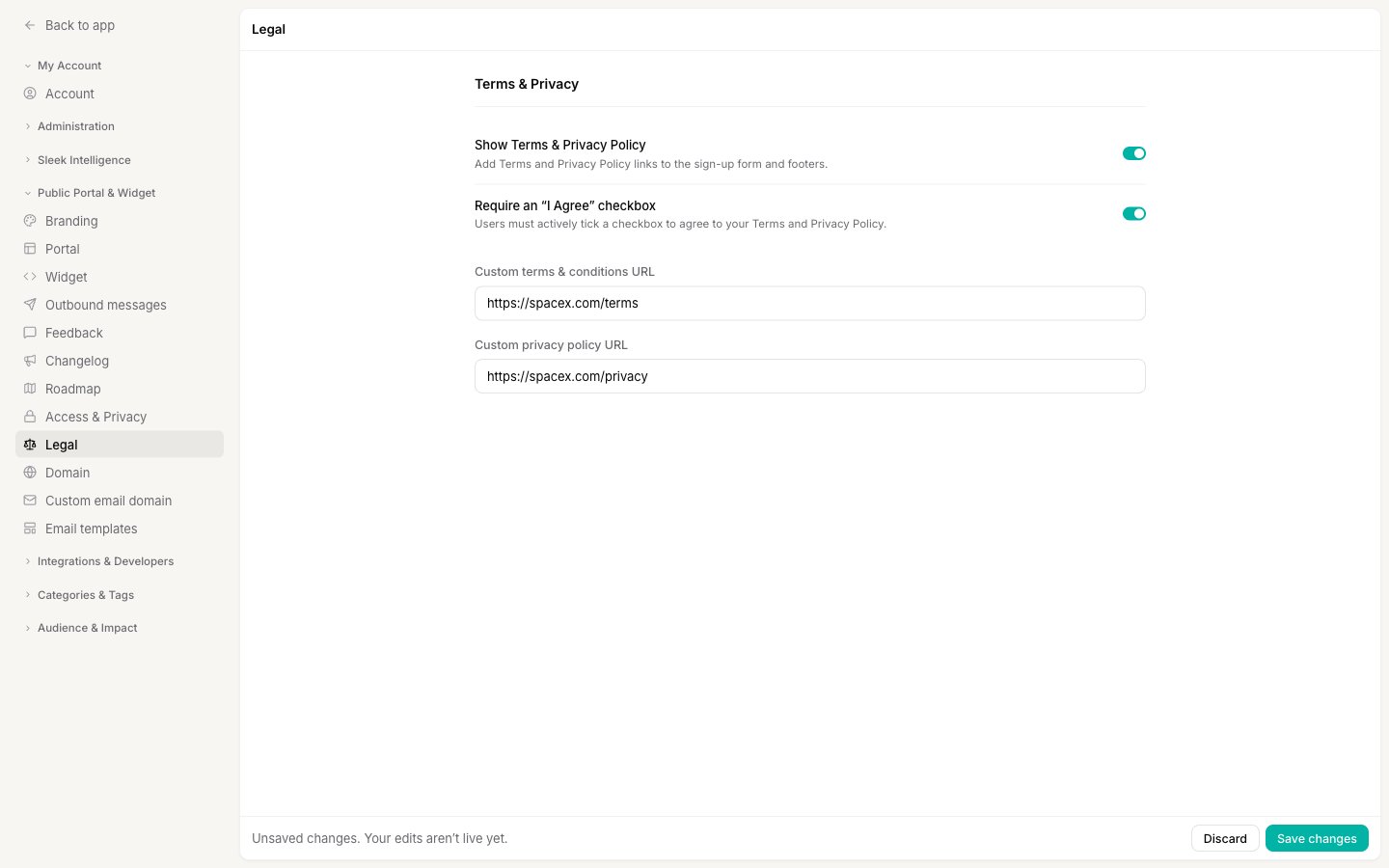 The Legal page with both toggles on and the two custom URL fields filled with a company Terms and Privacy URL, and the unsaved-changes save bar at the bottom