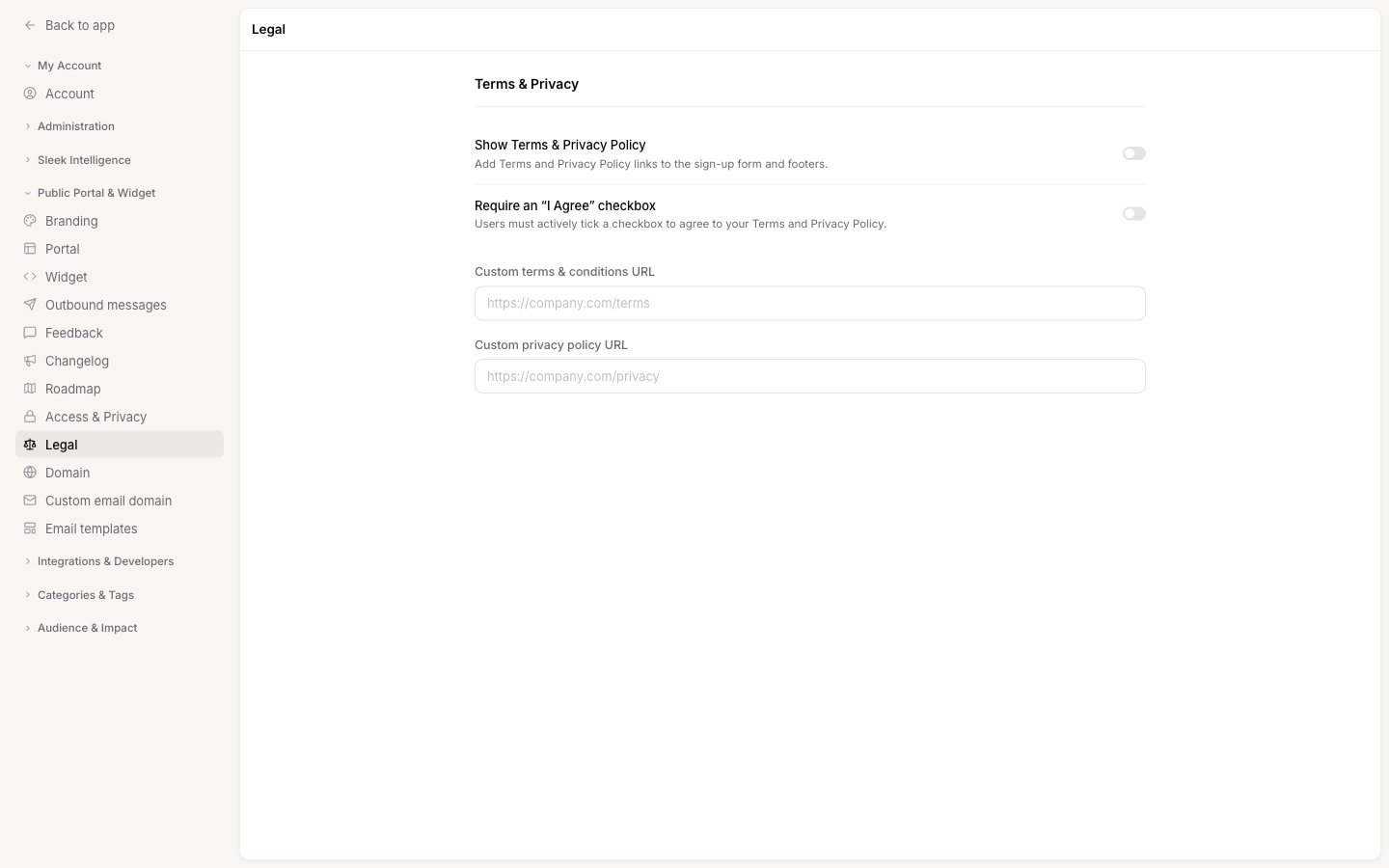 The Legal settings page, showing the Show Terms & Privacy Policy and Require an I Agree checkbox toggles above the two custom URL fields