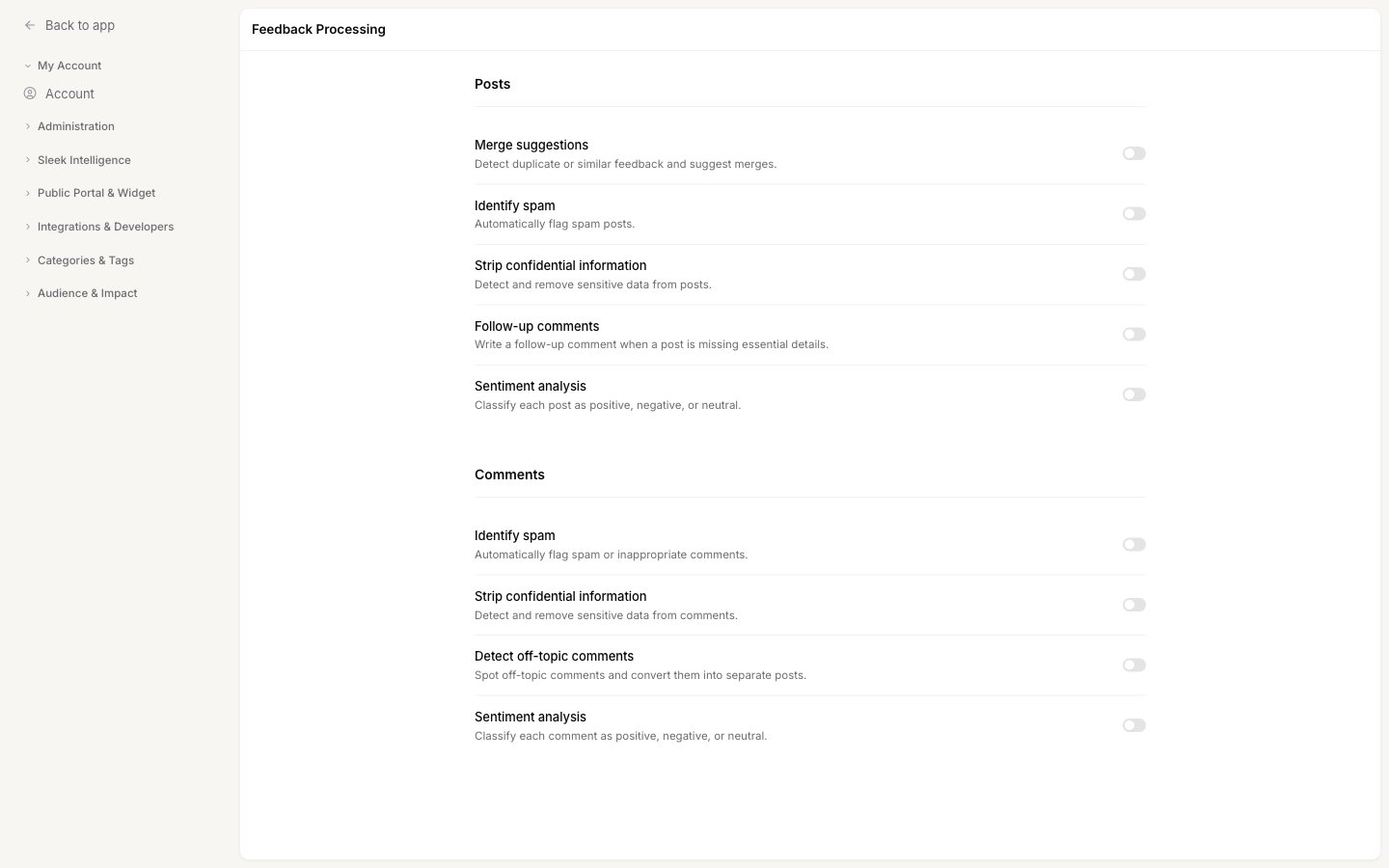 The Feedback Processing settings with separate toggle lists for posts and comments