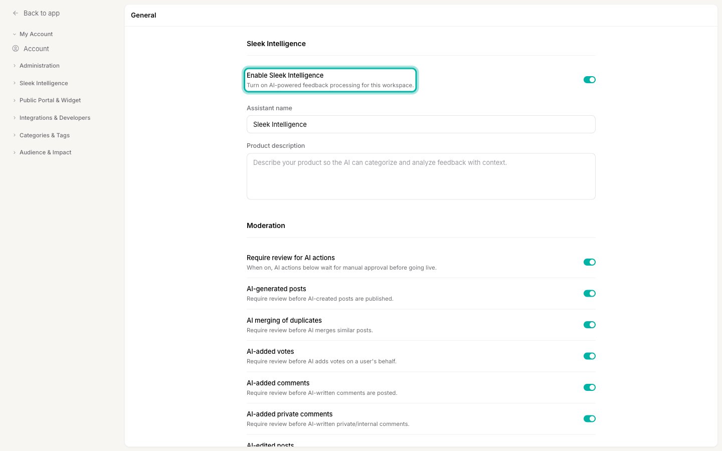 The Sleek Intelligence General settings with the enable toggle, assistant name and product description
