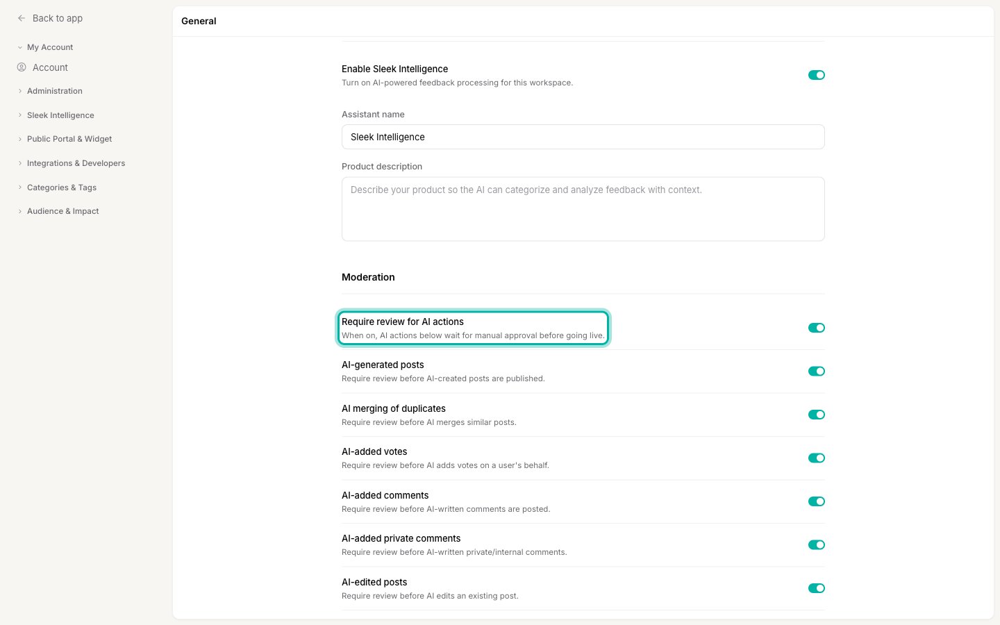 The moderation settings listing each AI action that can require review before it happens