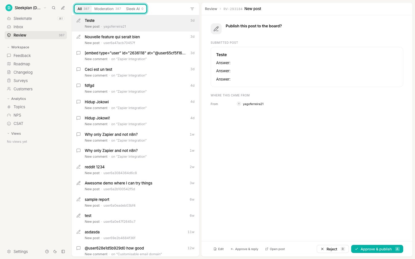 The Review queue with tabs for all items, moderation and Sleek AI, and an approve or reject panel