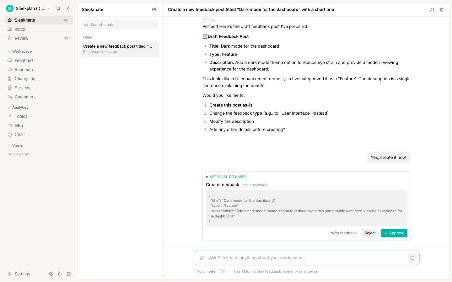 An approval card in the Sleekmate chat asking to approve or reject an action, showing what will change
