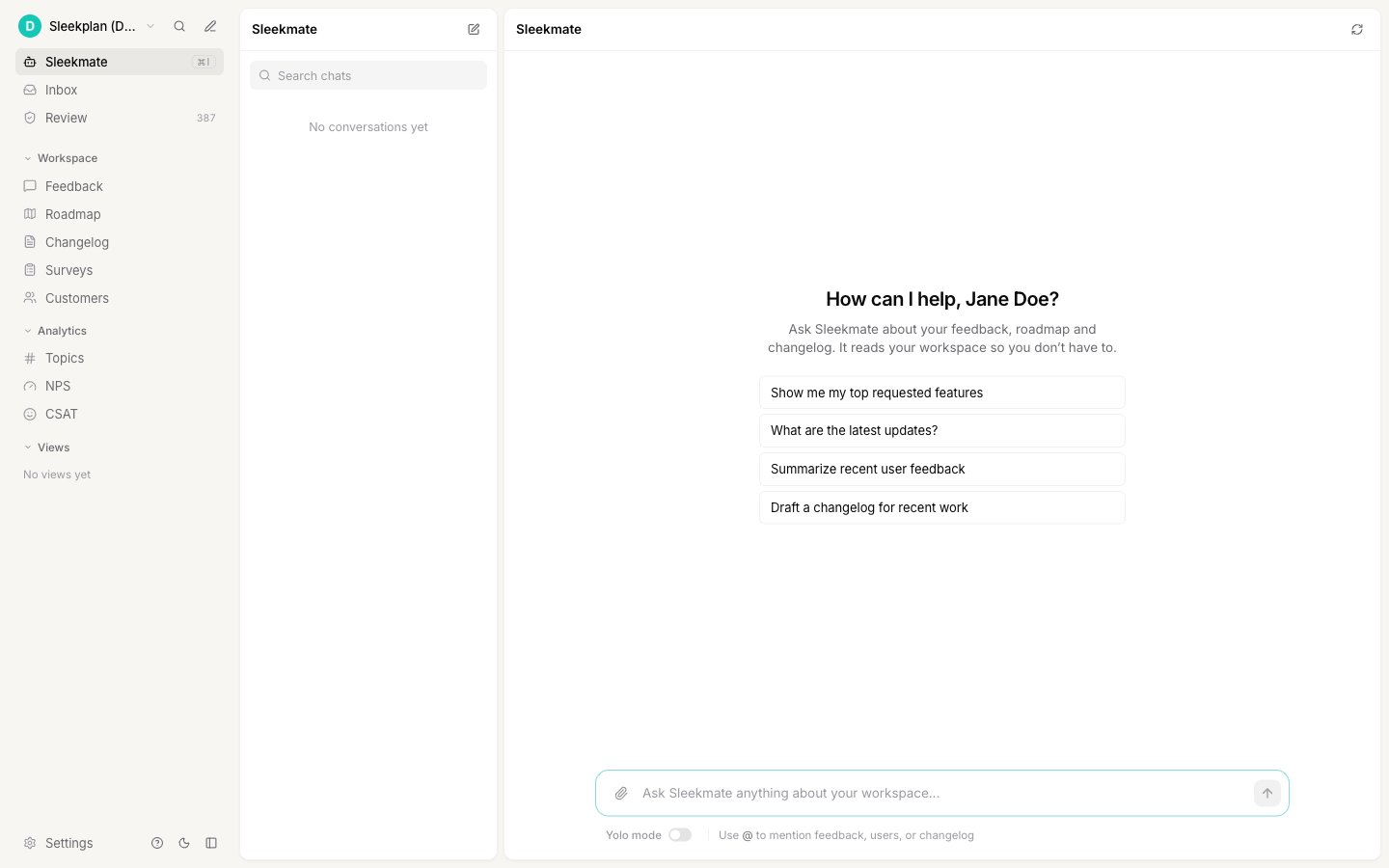 The Sleekmate chat open with the composer and suggested starter prompts