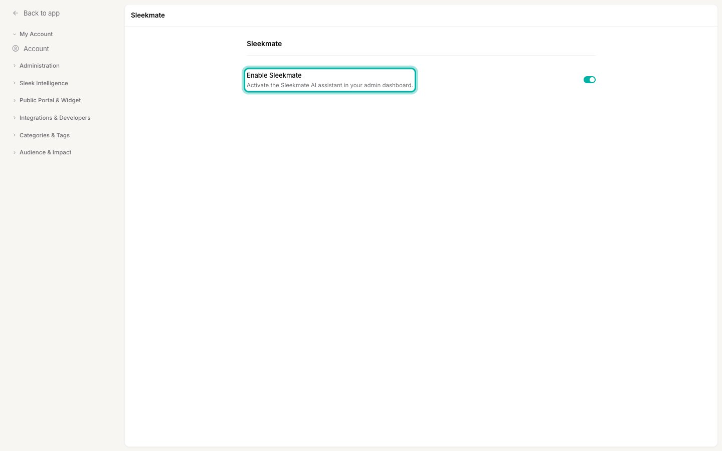 The Sleekmate settings screen with the Enable Sleekmate toggle