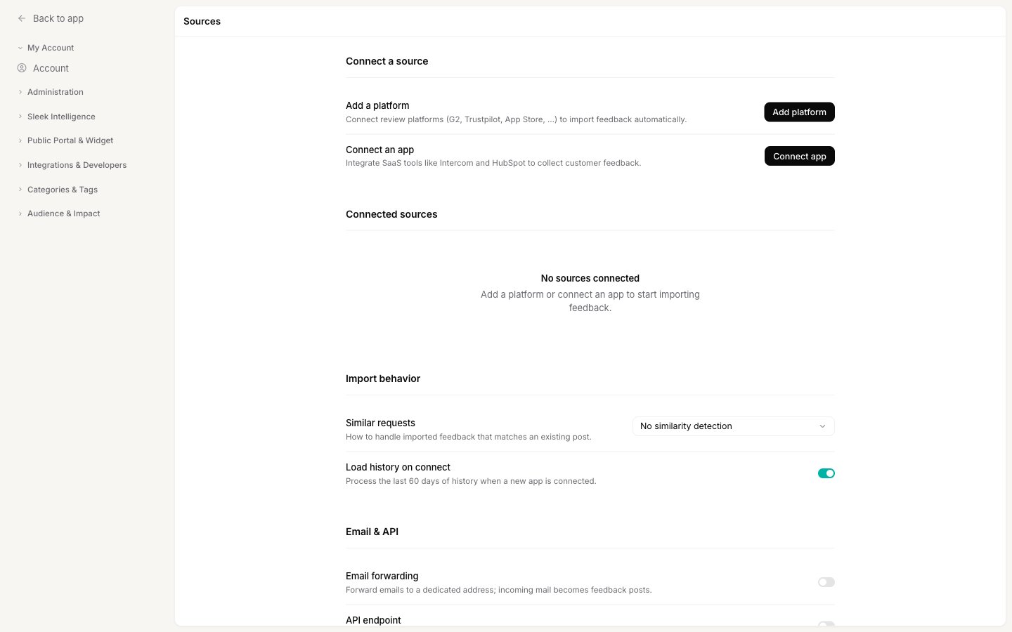 The Sources settings with sections to connect a platform or app, connected sources, import behavior and email and API