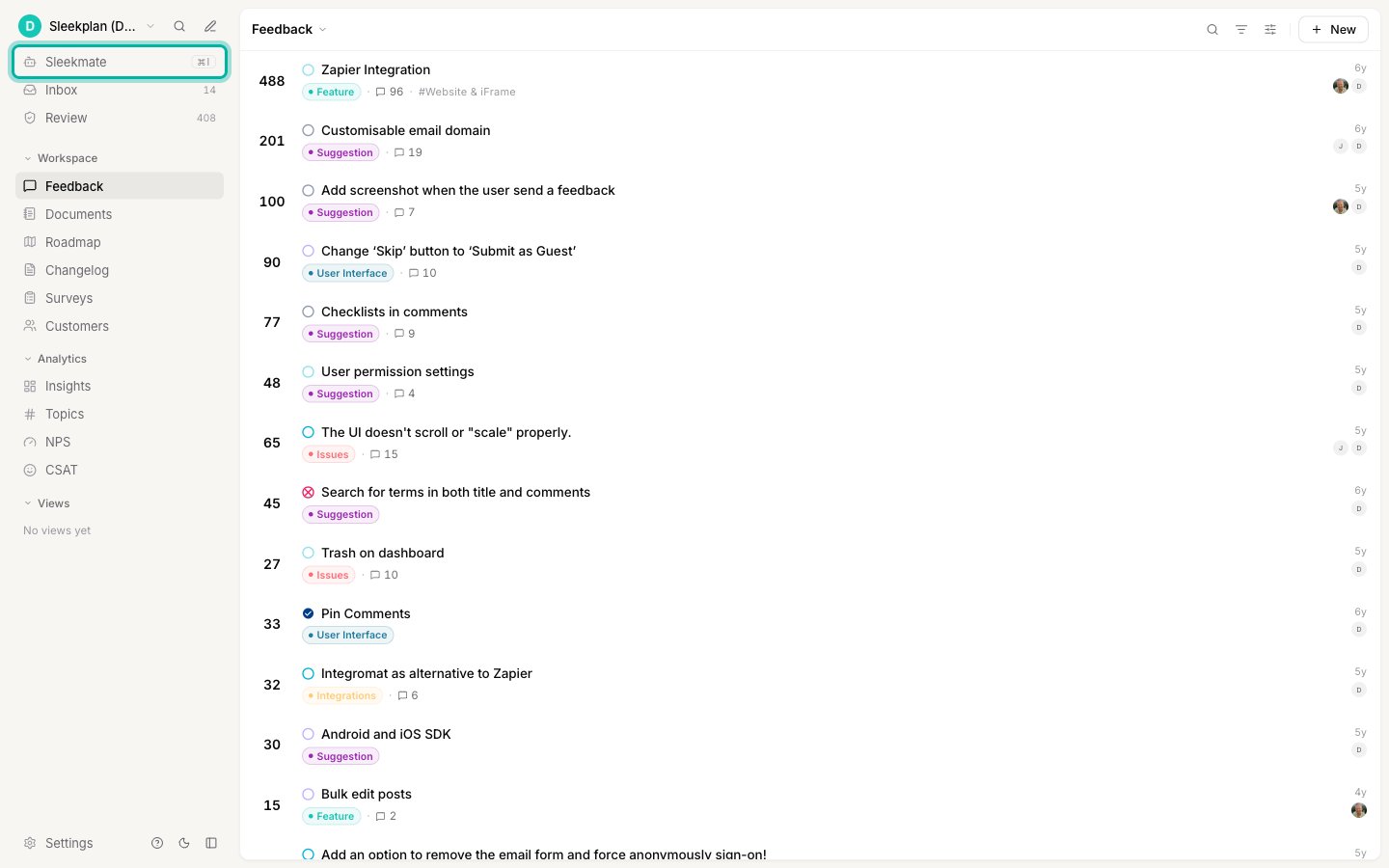 The admin dashboard with the Sleekmate item at the top of the left sidebar highlighted