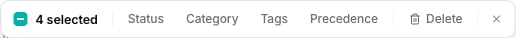 The bulk action bar showing Status, Category, Tags, Precedence, and Delete