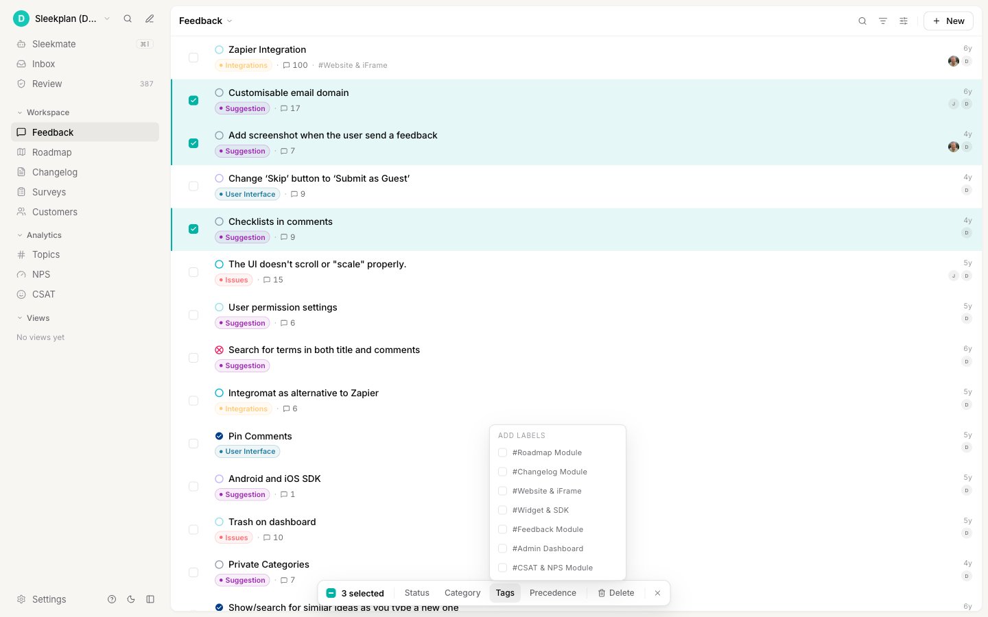 The Add labels menu with a checkbox next to each workspace label