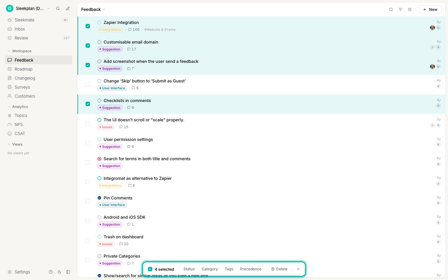 The feedback list with several posts selected and the bulk action bar at the bottom