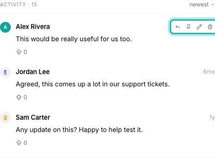 A comment showing its hover action buttons with the pin icon highlighted