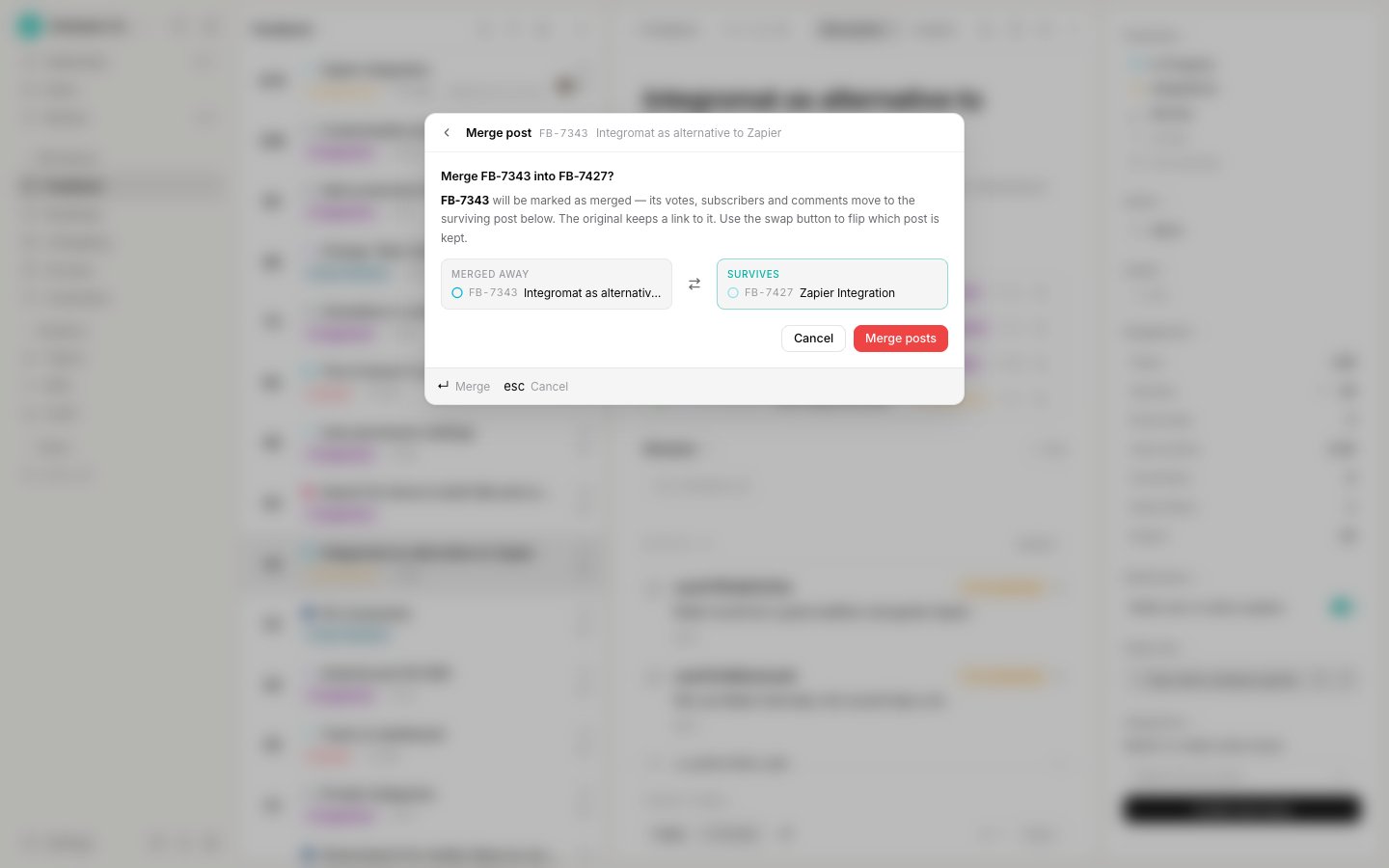 The merge confirmation showing the merged-away post, a swap button, and the surviving post