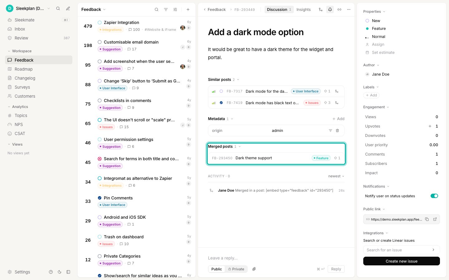 The surviving post showing a Merged posts section that lists the post merged into it