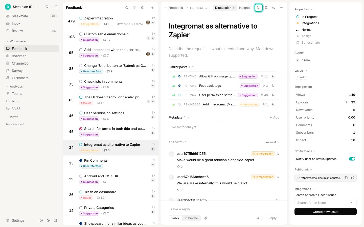 The feedback post detail header with the merge icon button highlighted