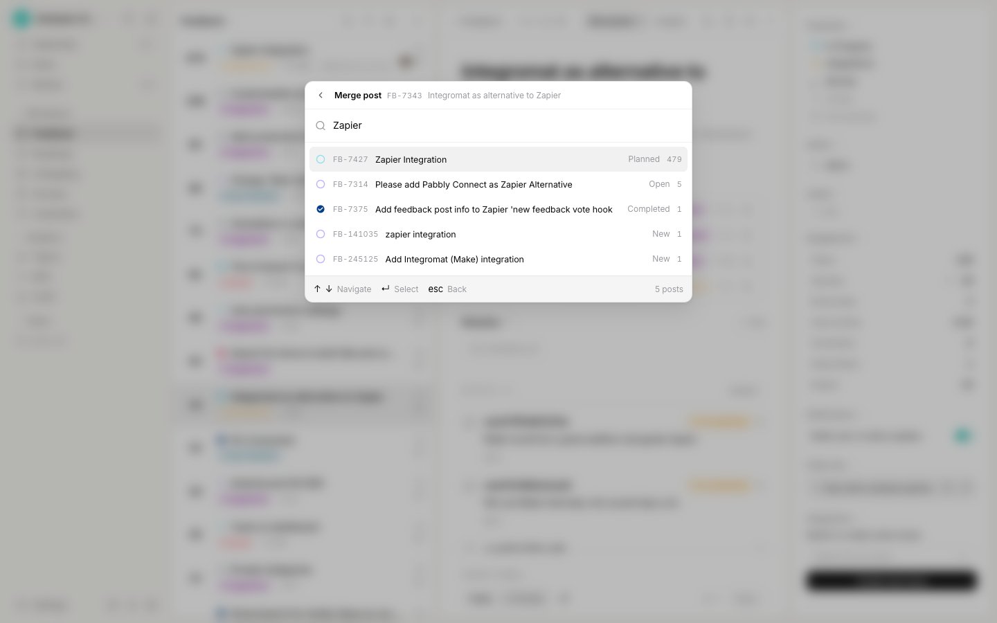 The merge search panel listing candidate posts to merge into, with the top match selected