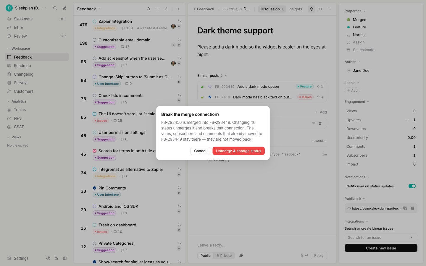 The Break the merge connection dialog warning that transferred votes, subscribers, and comments are not moved back