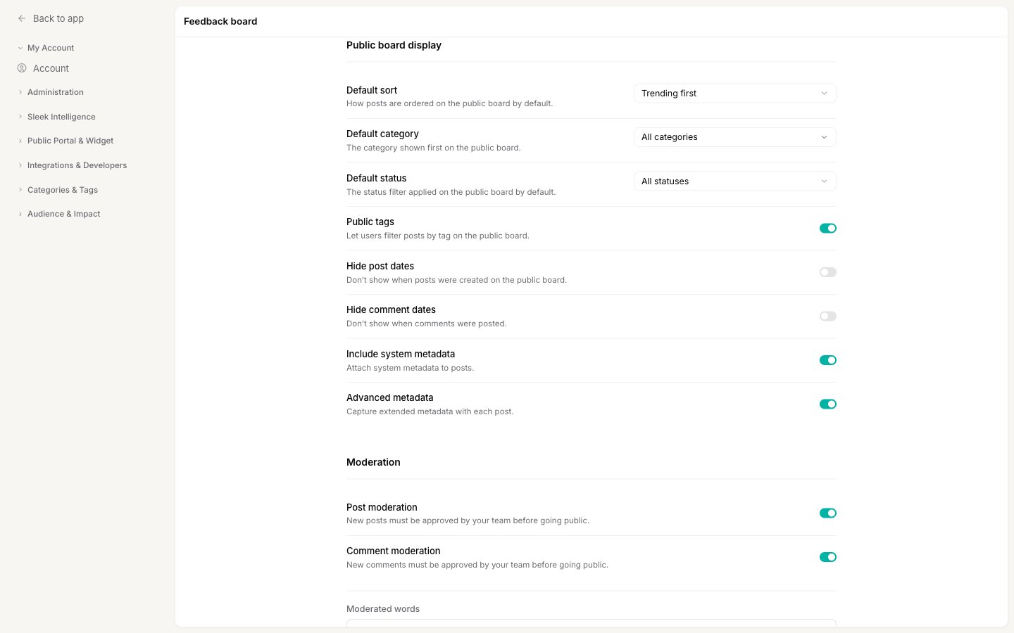 The Public board display section of the Feedback board settings, showing the Default sort, Default category, and Default status selectors and the Public tags, Hide post dates, Hide comment dates, Include system metadata, and Advanced metadata toggles
