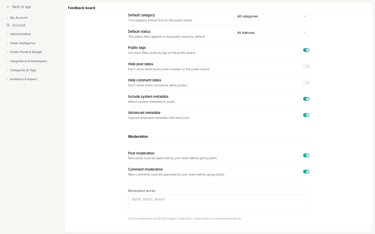 The Moderation section of the Feedback board settings, showing the Post moderation and Comment moderation toggles and the Moderated words field