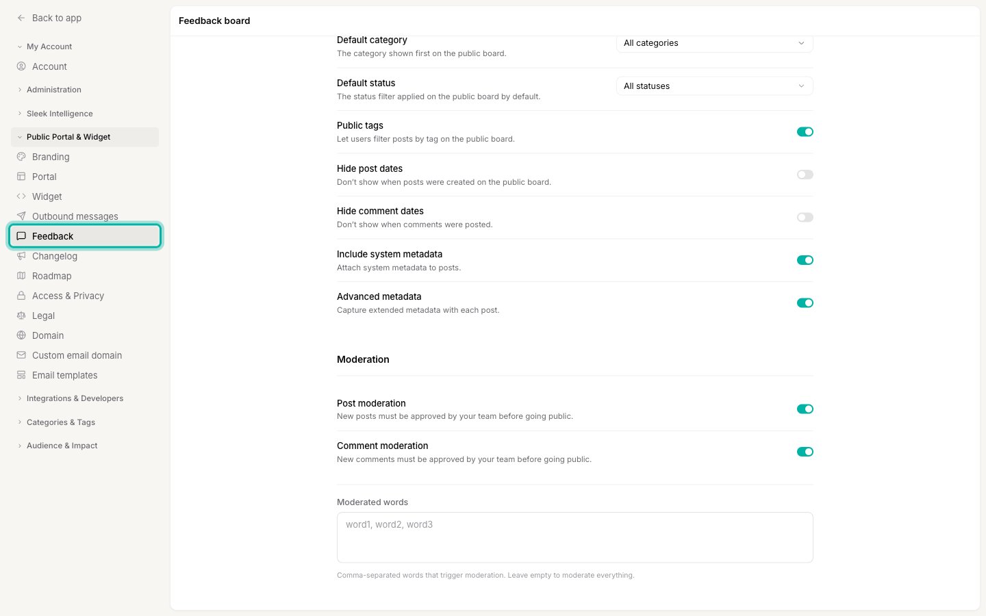 The Feedback item under Public Portal and Widget in the settings sidebar
