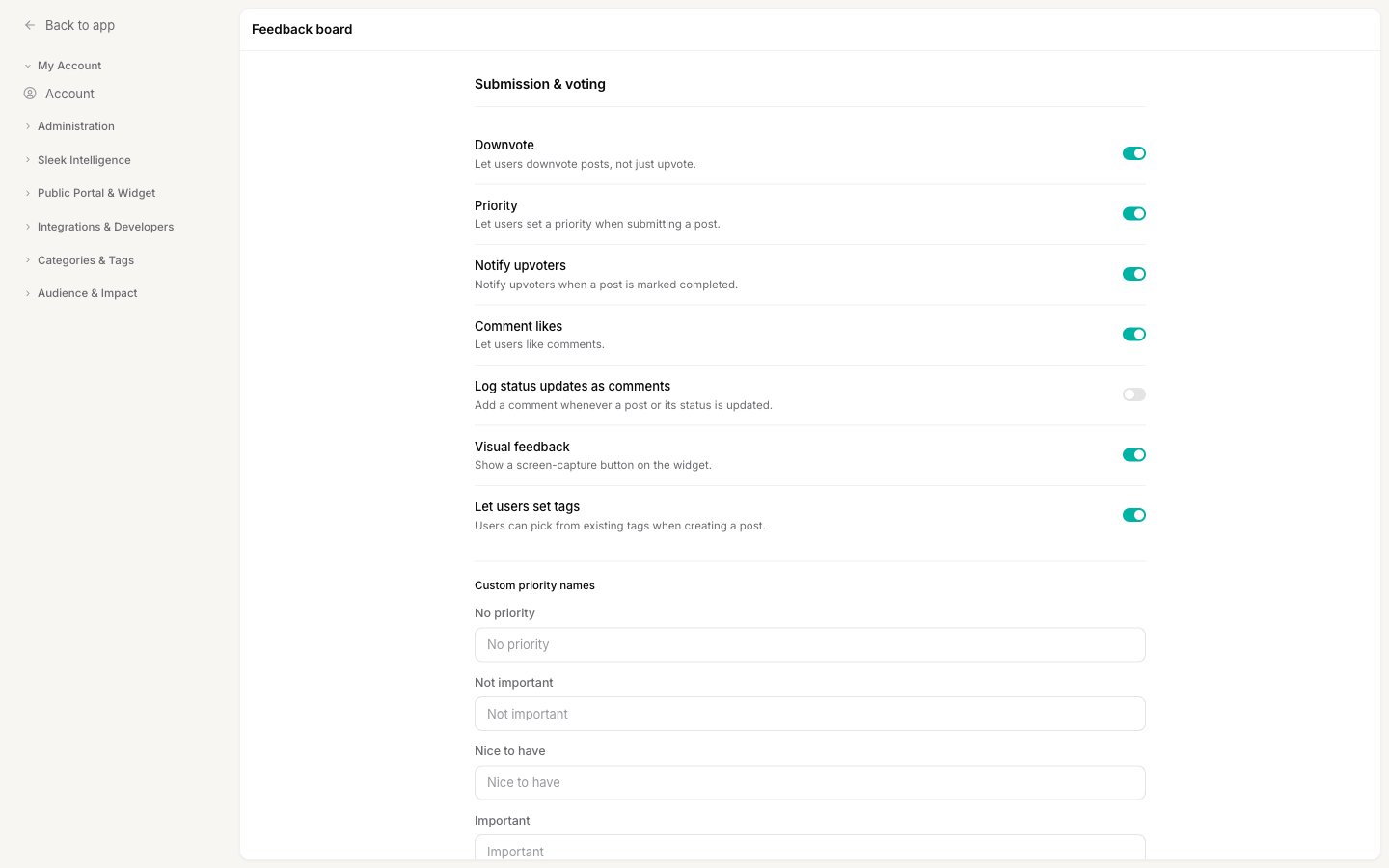 The Submission and voting section of the Feedback board settings, showing the Downvote, Priority, Notify upvoters, Comment likes, Log status updates as comments, Visual feedback, and Let users set tags toggles