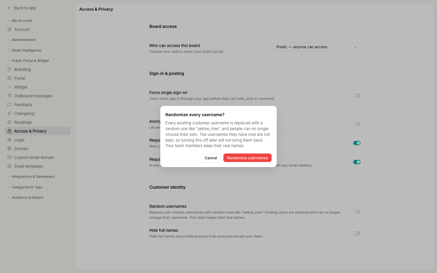 The confirmation dialog reading Randomize every username, with Cancel and Randomize usernames buttons