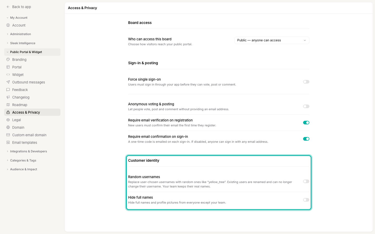 The Access & Privacy settings page with the Customer identity section highlighted, showing the Random usernames and Hide full names toggles