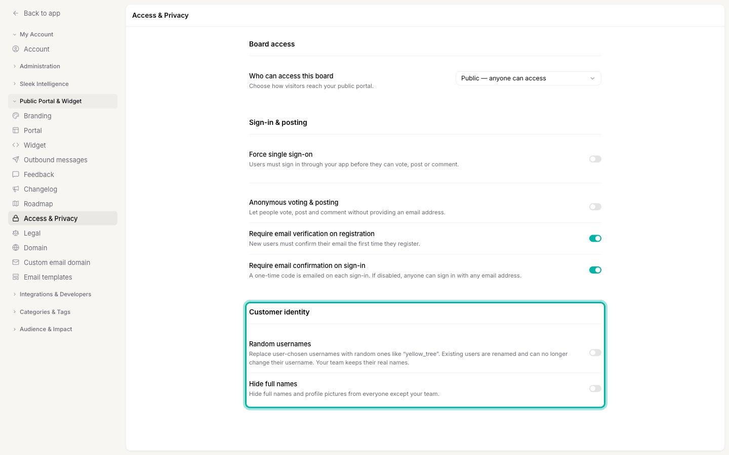 The Access & Privacy settings page with the Customer identity section highlighted, showing the Random usernames and Hide full names toggles