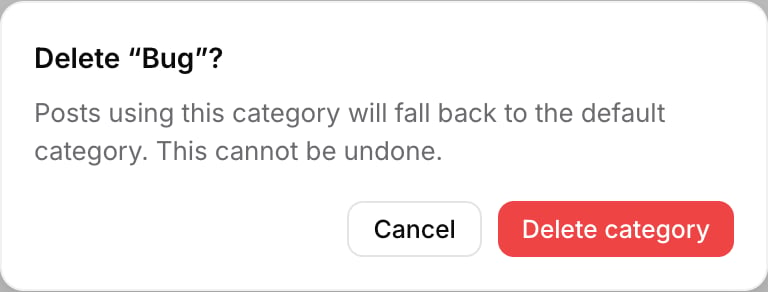 The delete confirmation dialog reading Delete Bug, warning that posts using this category will fall back to the default category and this cannot be undone