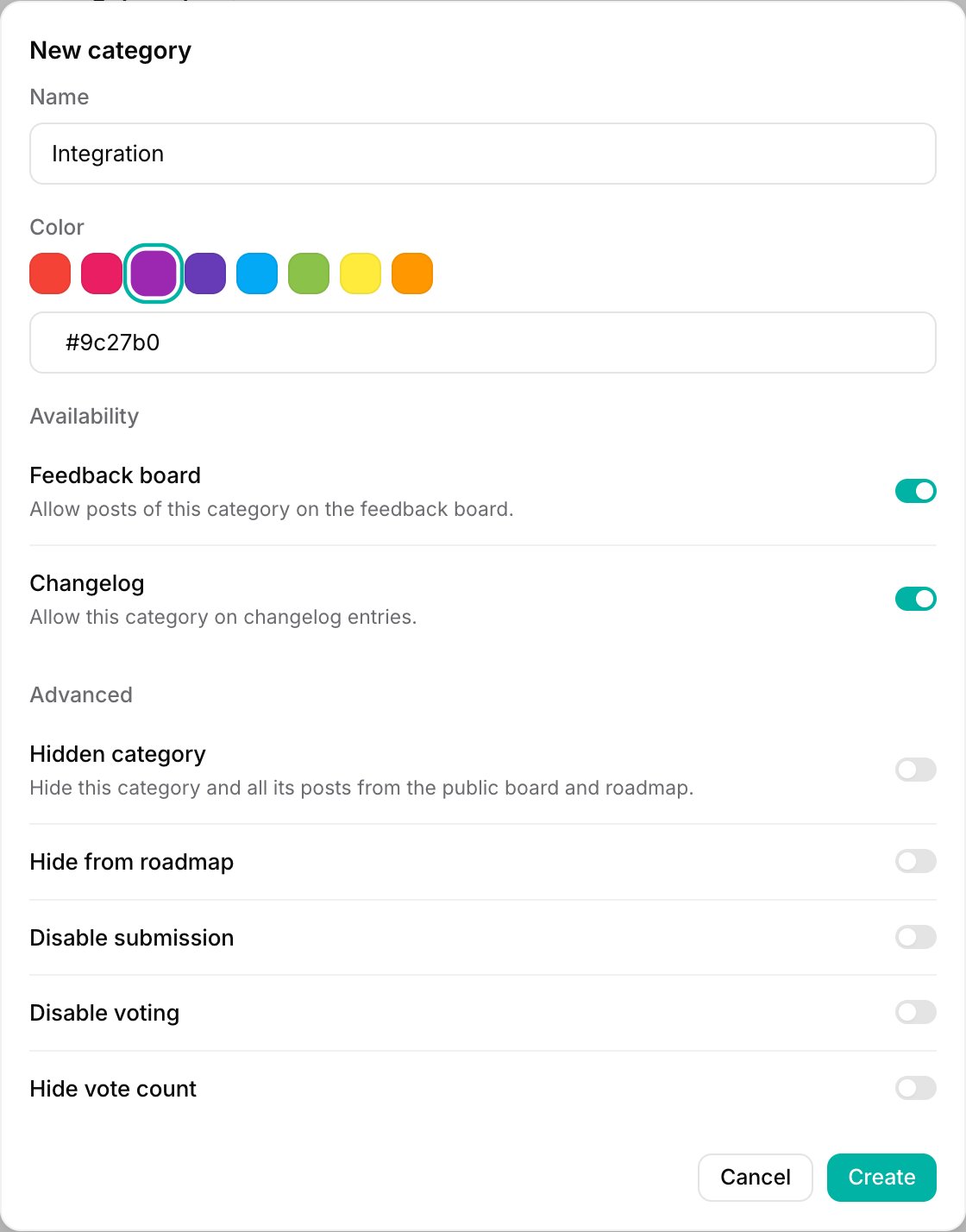 The New category dialog with Name and Color fields, an Availability section with Feedback board and Changelog toggles, and an Advanced section of visibility and voting toggles