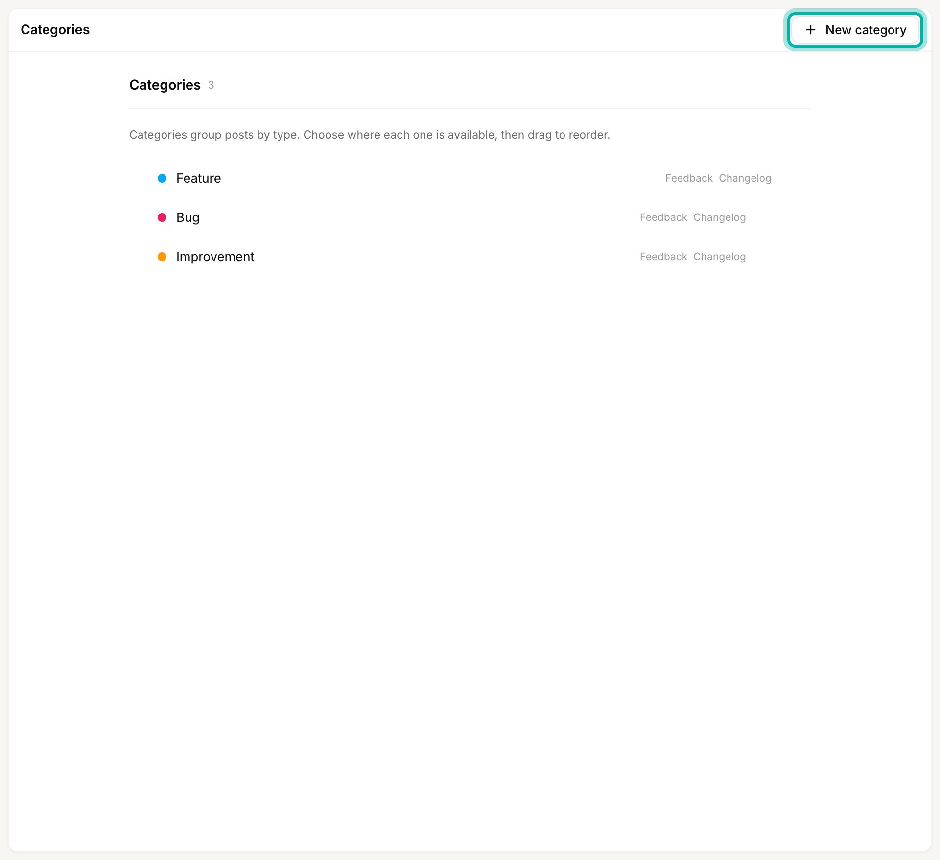 The Categories settings page listing Feature, Bug, and Improvement, each marked available for Feedback and Changelog, with the New category button highlighted