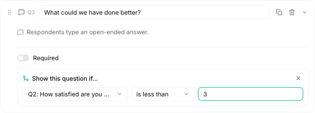 The display logic editor reading "Show this question if" with a question, condition, and value