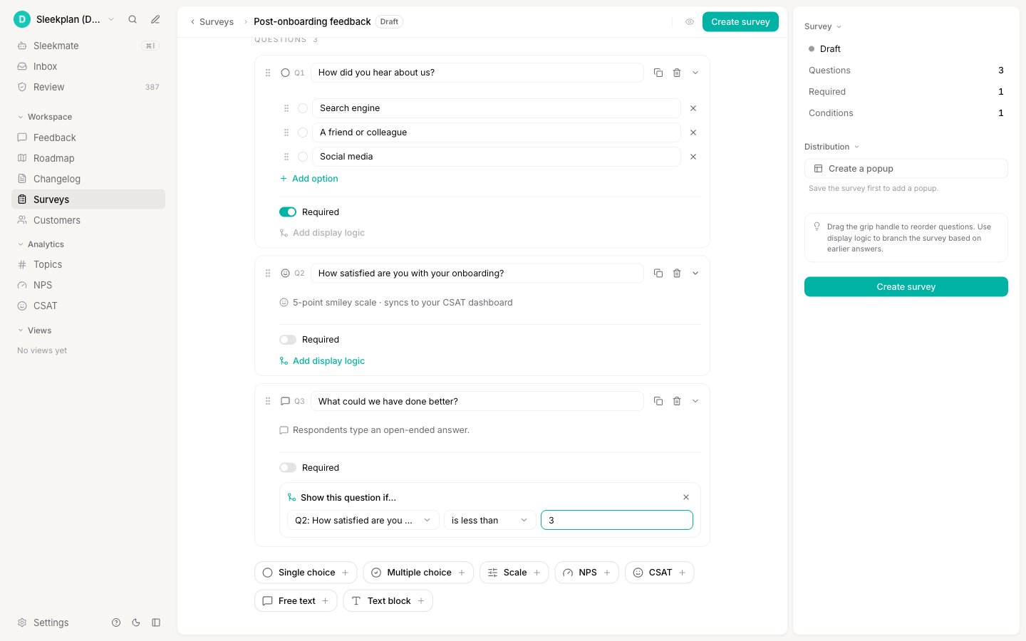 The survey editor with three questions, the add-question bar, and the inspector panel