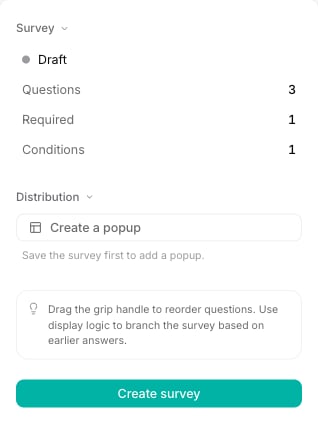The survey editor inspector showing the Draft status, question counts, and the Create survey button