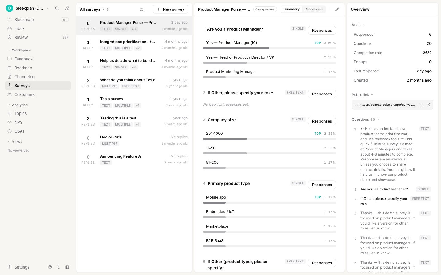 The Surveys screen showing the list of surveys, the answer summary, and the overview panel