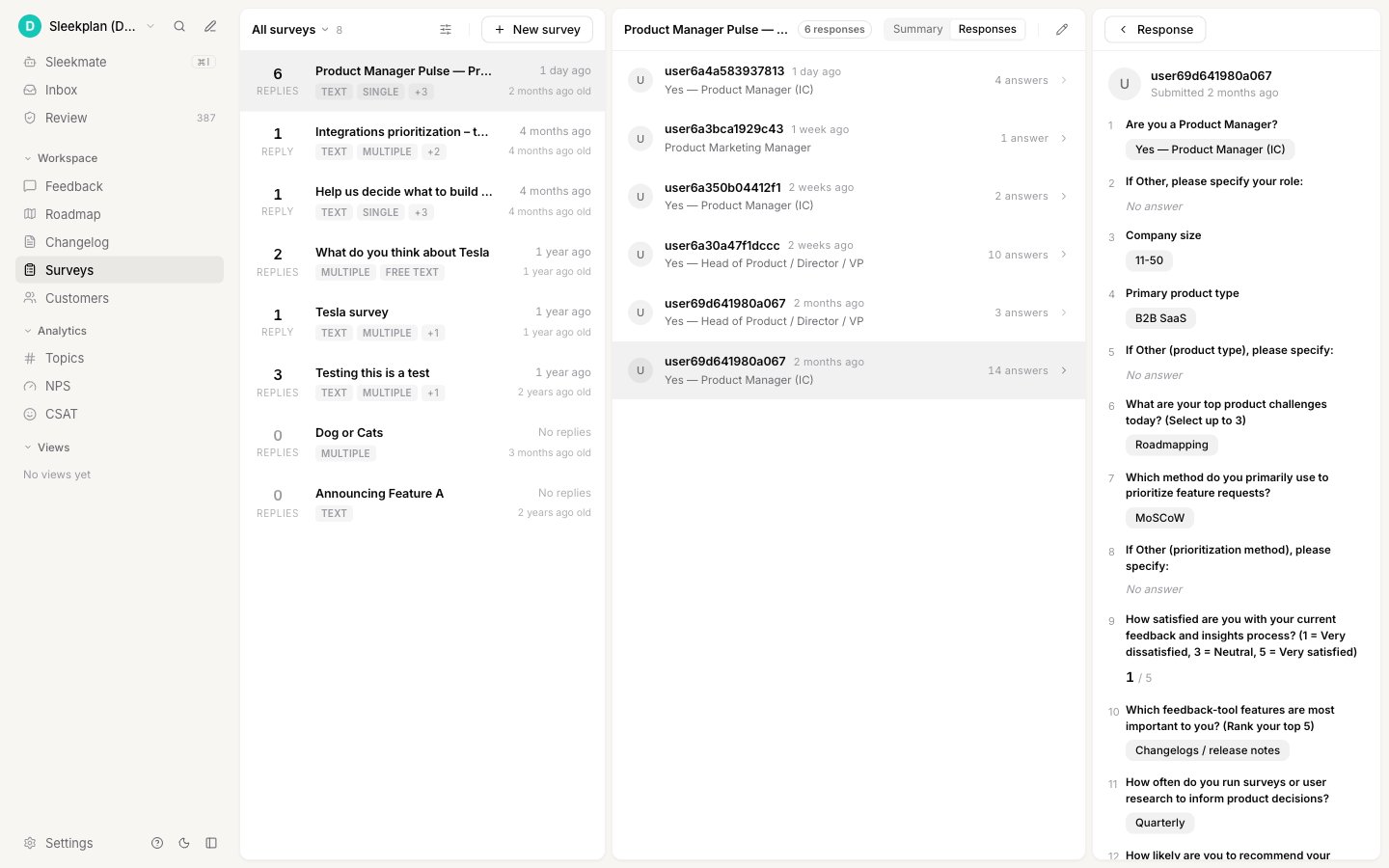 The Responses tab with individual response rows and a single response opened